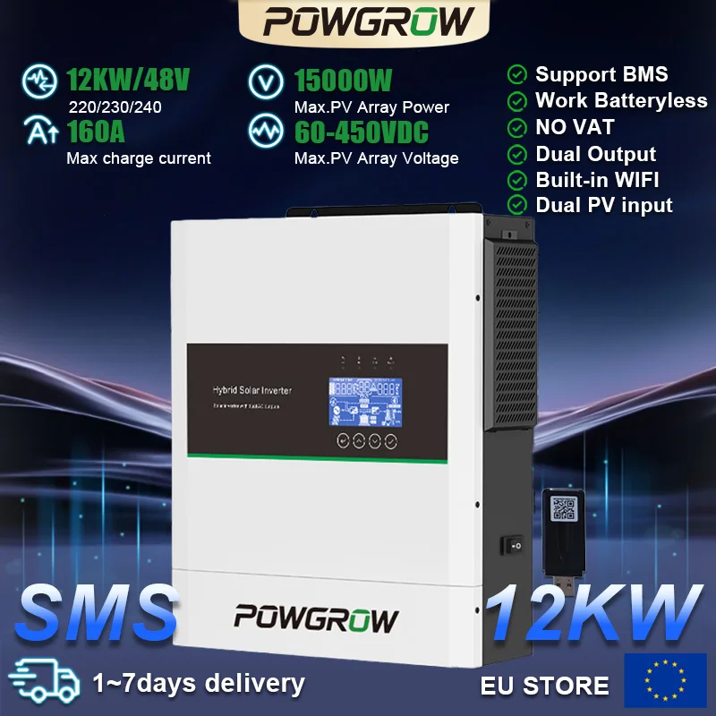 POWGROW Hybride Solar Inverter 12KW 48V 160A MPPT Solar Charger 230VAC 2PV Ingang en Uitgang Met 500VDC Ingebouwde Wifi Off Grid
