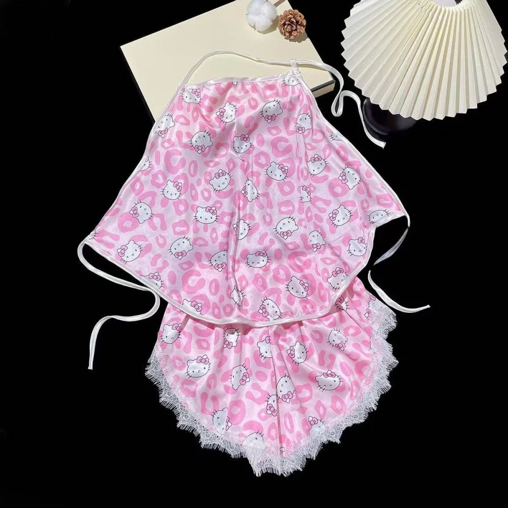 

Новая шелковая пижама Hello Kitty lce в стиле аниме, женский бандажный топ без рукавов с открытой спиной, шорты, костюм, летний пляжный сексуальный бикини, подарок для девочек