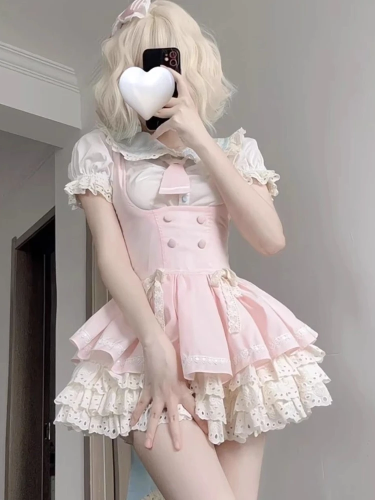 2024 Lolita Kawaii 2 Piece Sets Women Cute Slim Blouse Blouse + Sweet Lace Sleeveless Y2k Mini Dress Japanese Style Fashion Suit