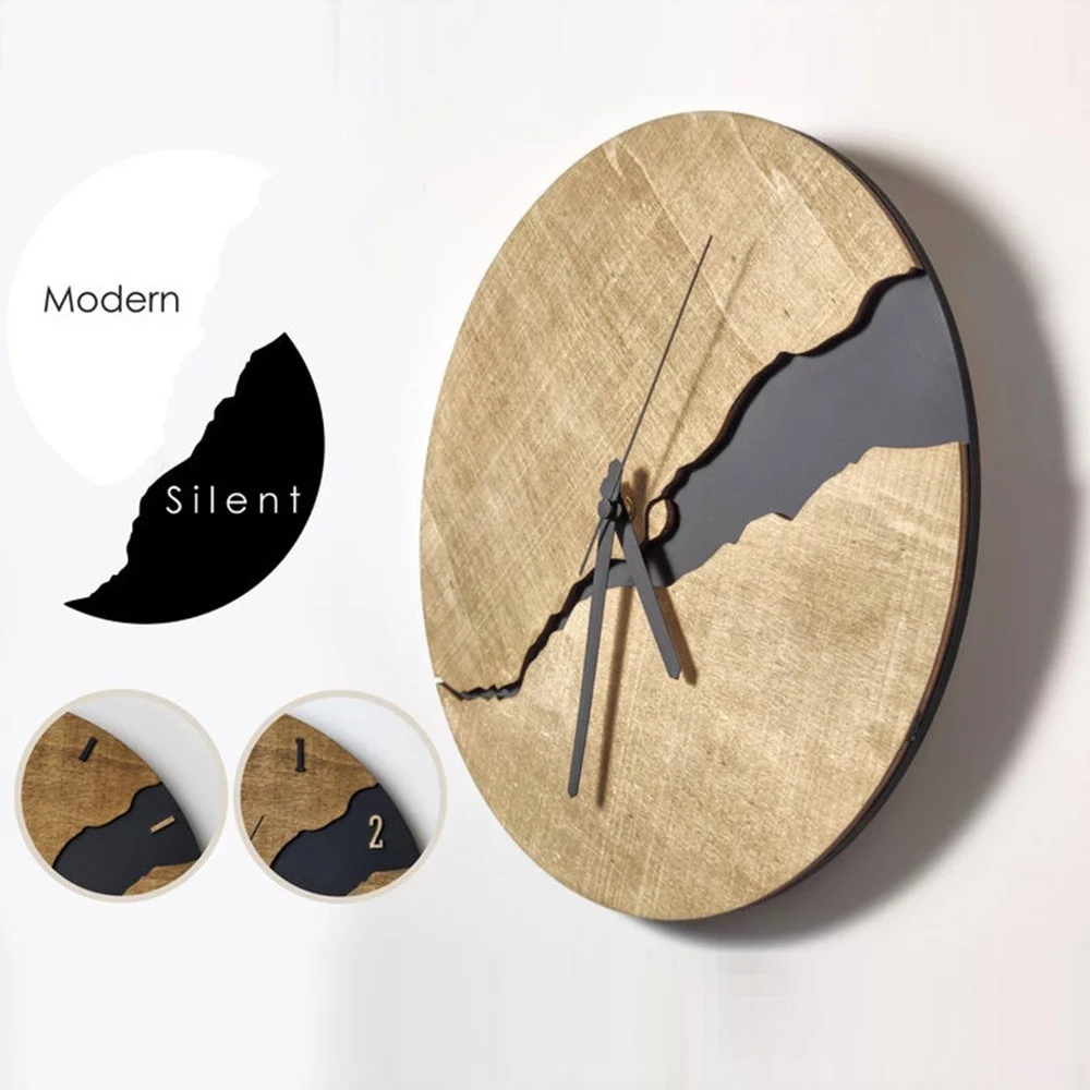 30cm Black Crack In Wood Wall Clock Dial Number Light Luxury Living Room Punch-free Creative Decoration Mute Simple Wooden Clock