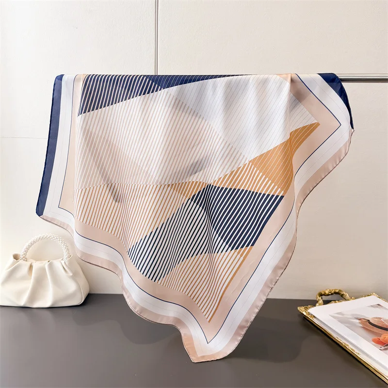 

70*70cm Luxury stripe Print Square Silk Scarf For Women Elegant Ladies Hijab Neckerchief Shawl Soft Stain Woman Silk Scarves