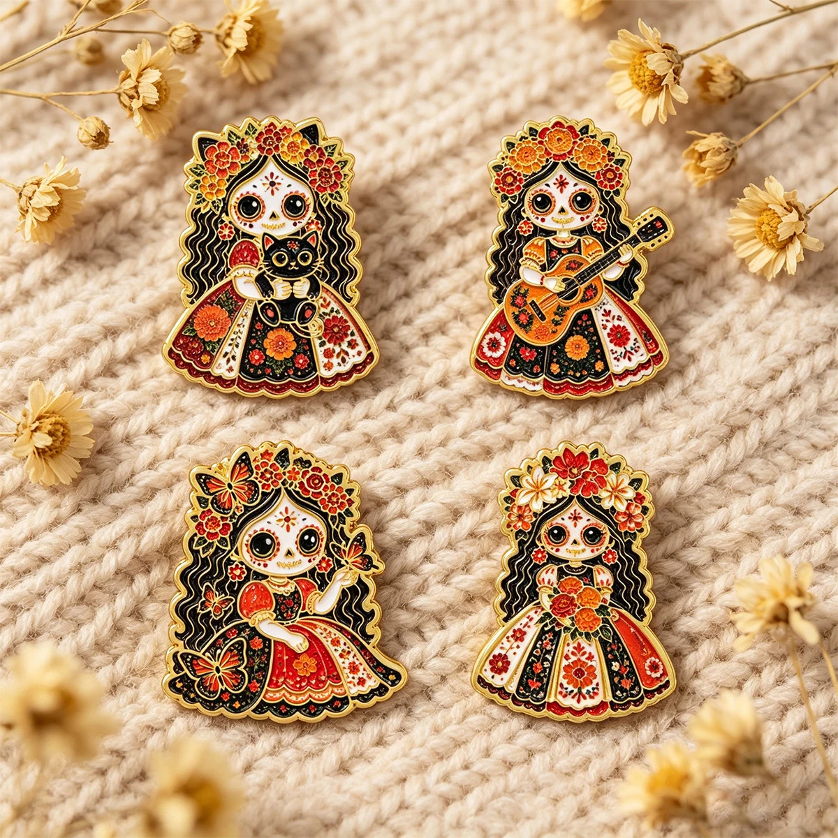 4 Stück mexikanische Emaille-Anstecknadeln zum Tag der Toten, Cartoon-Skelett-Mädchen-Brosche für Mäntel, Reversnadeln, Metallabzeichen, Schmuck, Geschenk für Feiertage – Detail 5