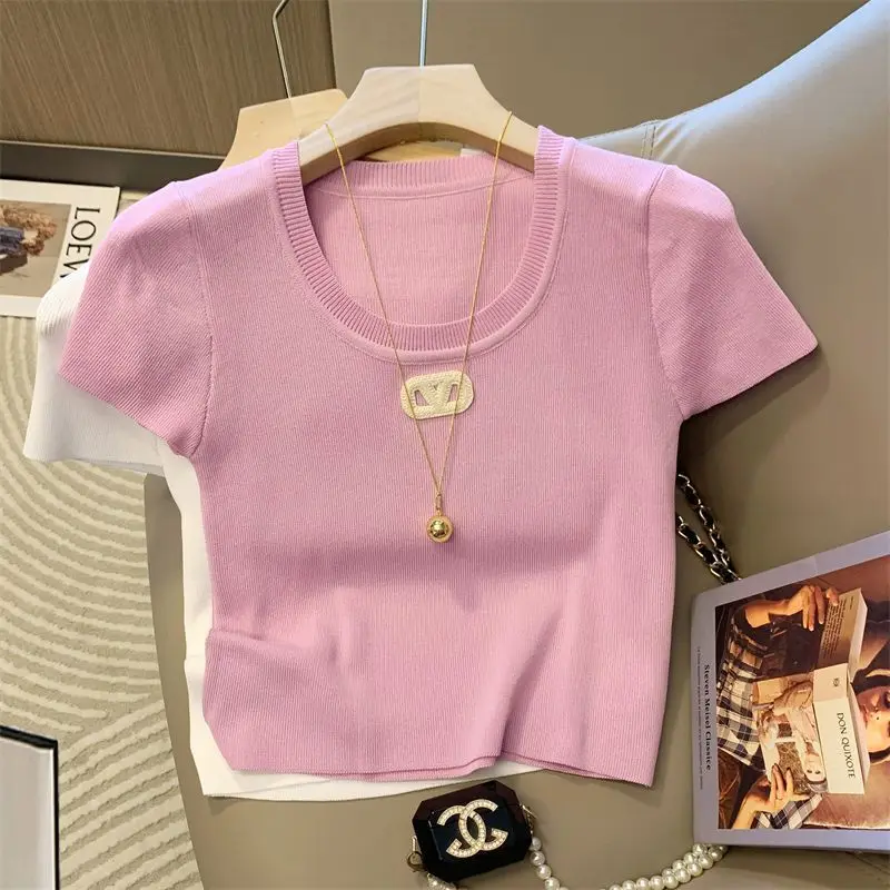 ملابس نسائية أنيقة قصيرة الأكمام متماسكة البلوز الصيف مثير أزياء قصيرة تي شيرت سيدة جولة الرقبة الحلو الشباب نمط أعلى المحملات #2