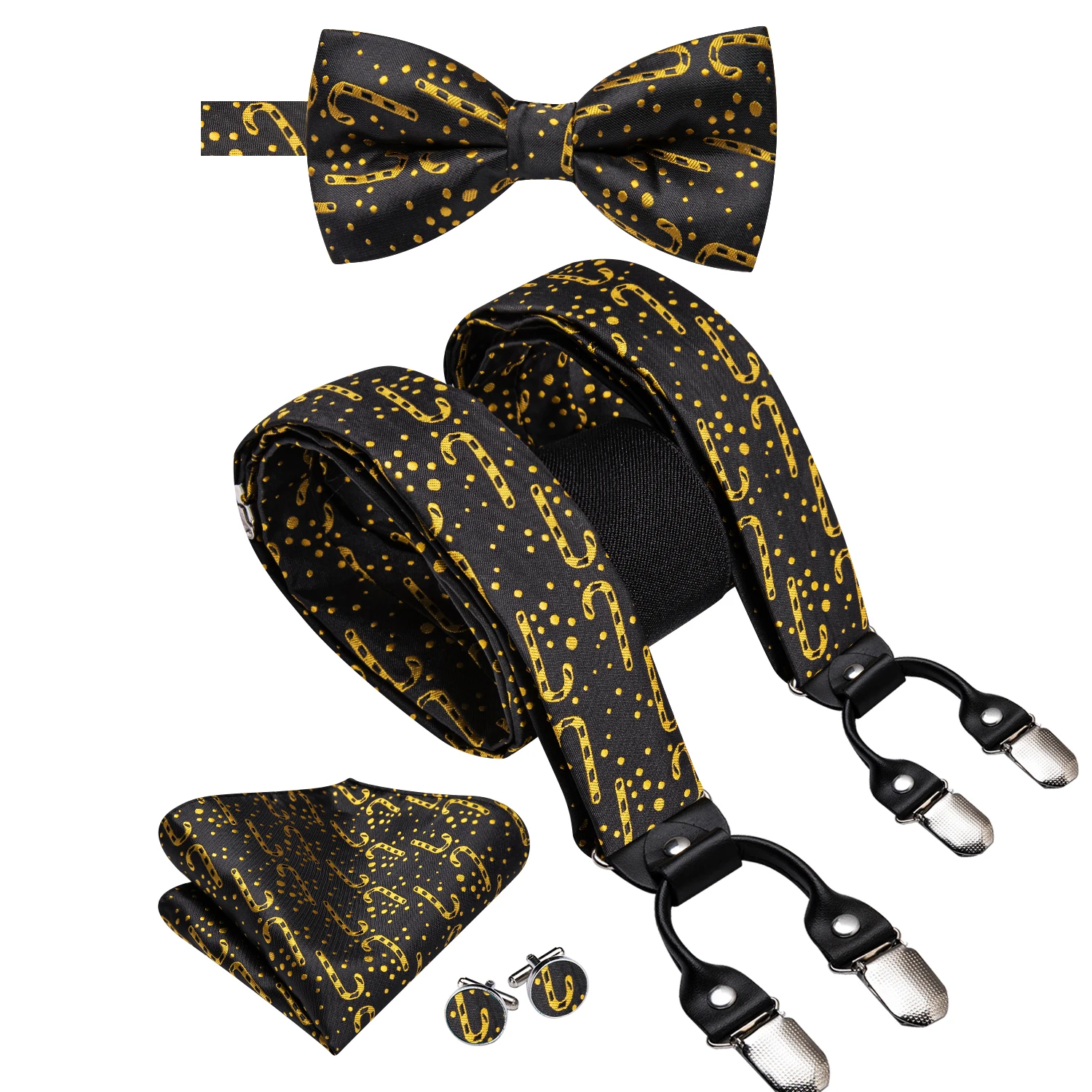 Hi-Tie Black Gold Silk Suspender natal pria dasi kupu-kupu saputangan klip disesuaikan pada Xmas Brace untuk pria pernikahan grosir