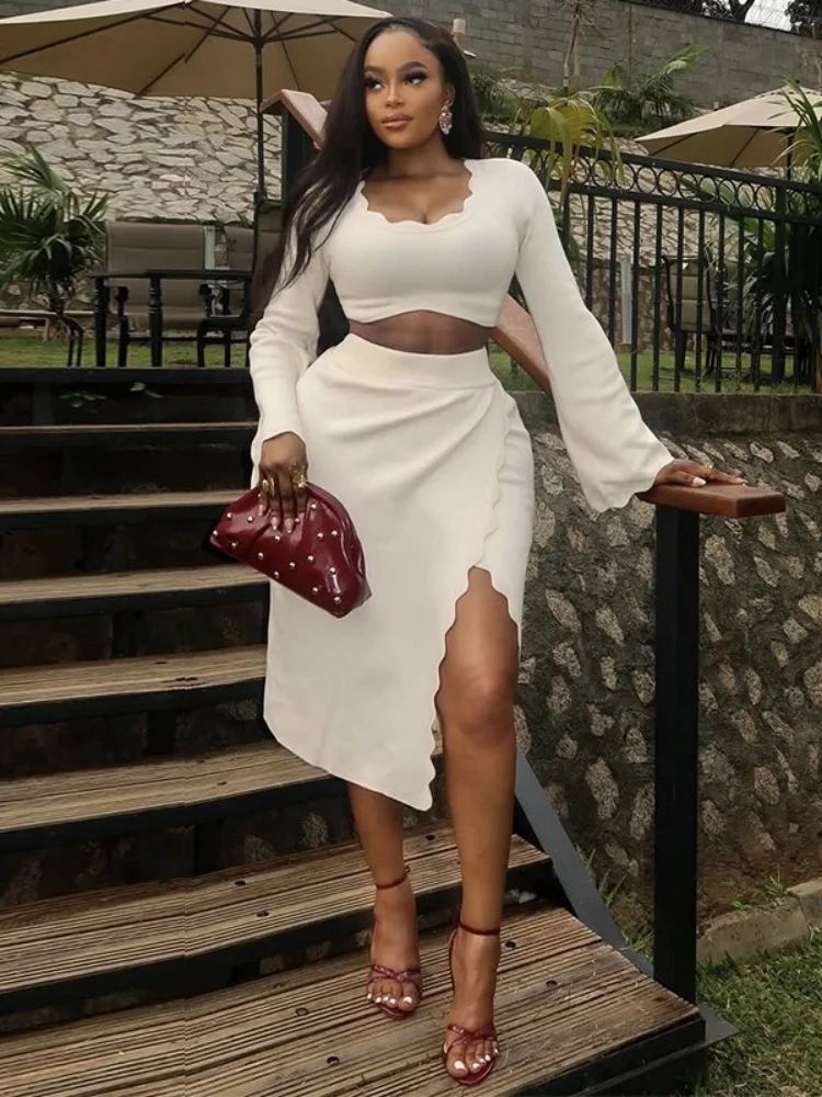 Wmstar Set da due pezzi da donna Stock all'ingrosso Cross Border 2025 Autunno Nuovo stile fresco manica svasata sottile tinta unita abito con spacco