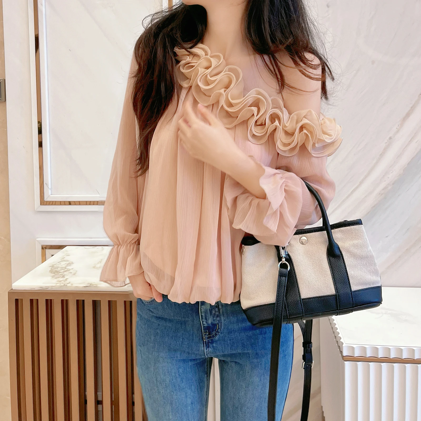 

Chen Ailin Design Sensual Pure Floral Long Sve irt Asymmetrical oulder Chiffon Gown Bell Sve Ele Sle Women's Top