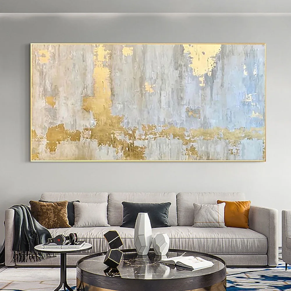 

Handmade Canvas Oil Painting Abstract Gold Foil Thick Texture Cuadros Line Paintings Decor Living Room Large Home Pictures