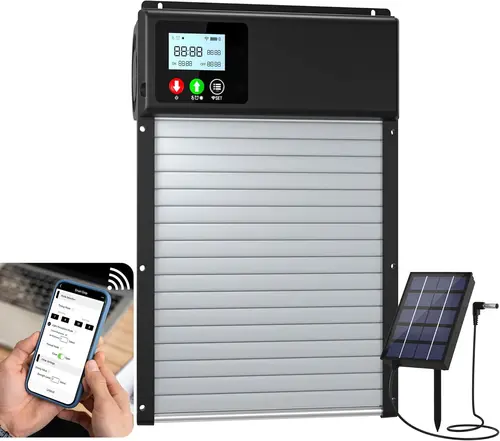 8000mAh 배터리, 타이밍 및 광 센서 설정으로 태양열로 구동되는 WiFi 원격 제어 자동 닭장 도어 오프너