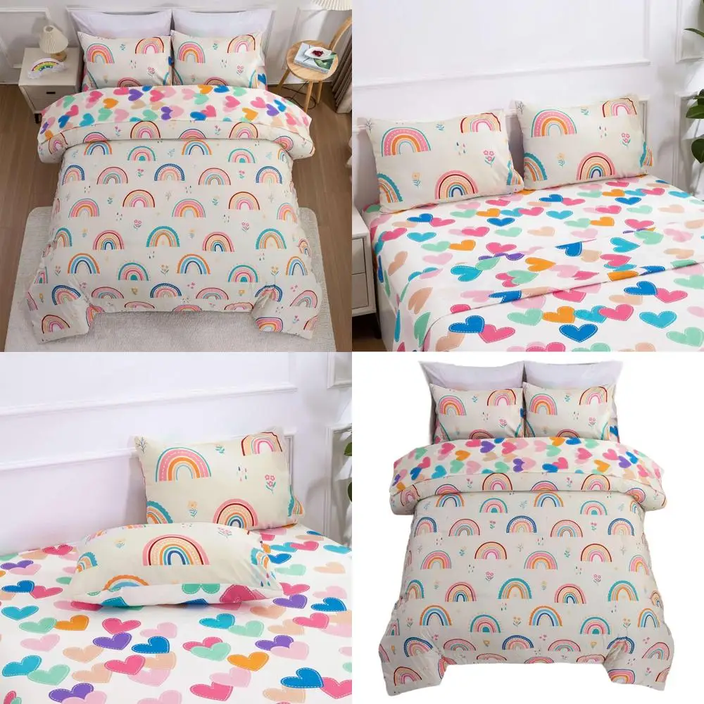 

Queen Size Rainbow Cartoon Bedding Set for Kids, Multi-Color Love Hearts & Flowers, Bed in a Bag with Sheets & Pillowcases