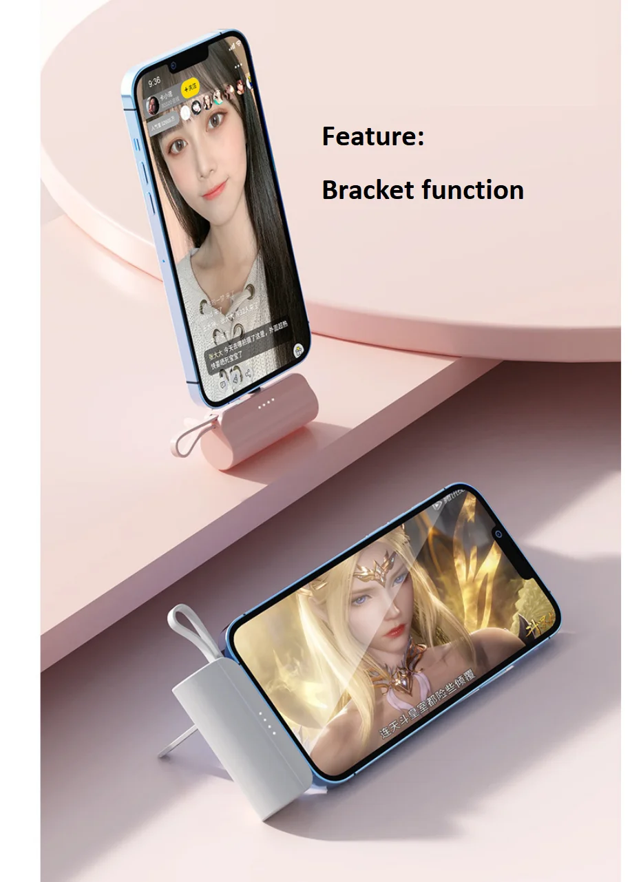 5000ma portable mini power bank with holder function and both iPhone Lightning and type-c interfaces