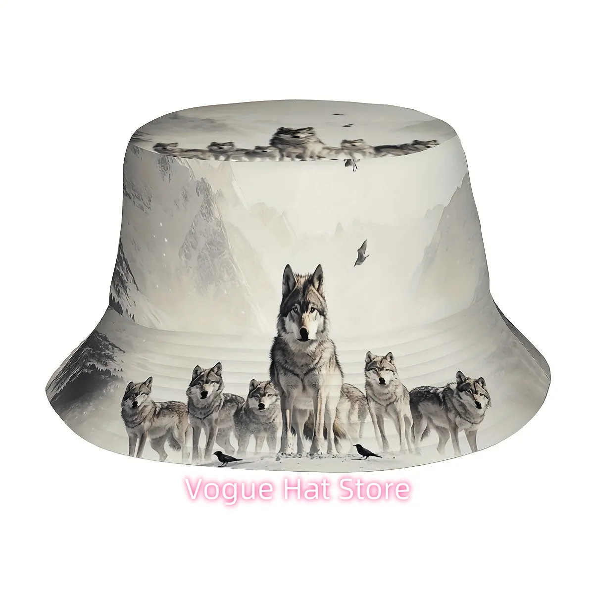 1pc Wolf Pack Printed Bucket Hat - Stylish Polyester Fisherman Cap with Snowy Wolf Design, Ideal for Outdoor Activities, Holiday