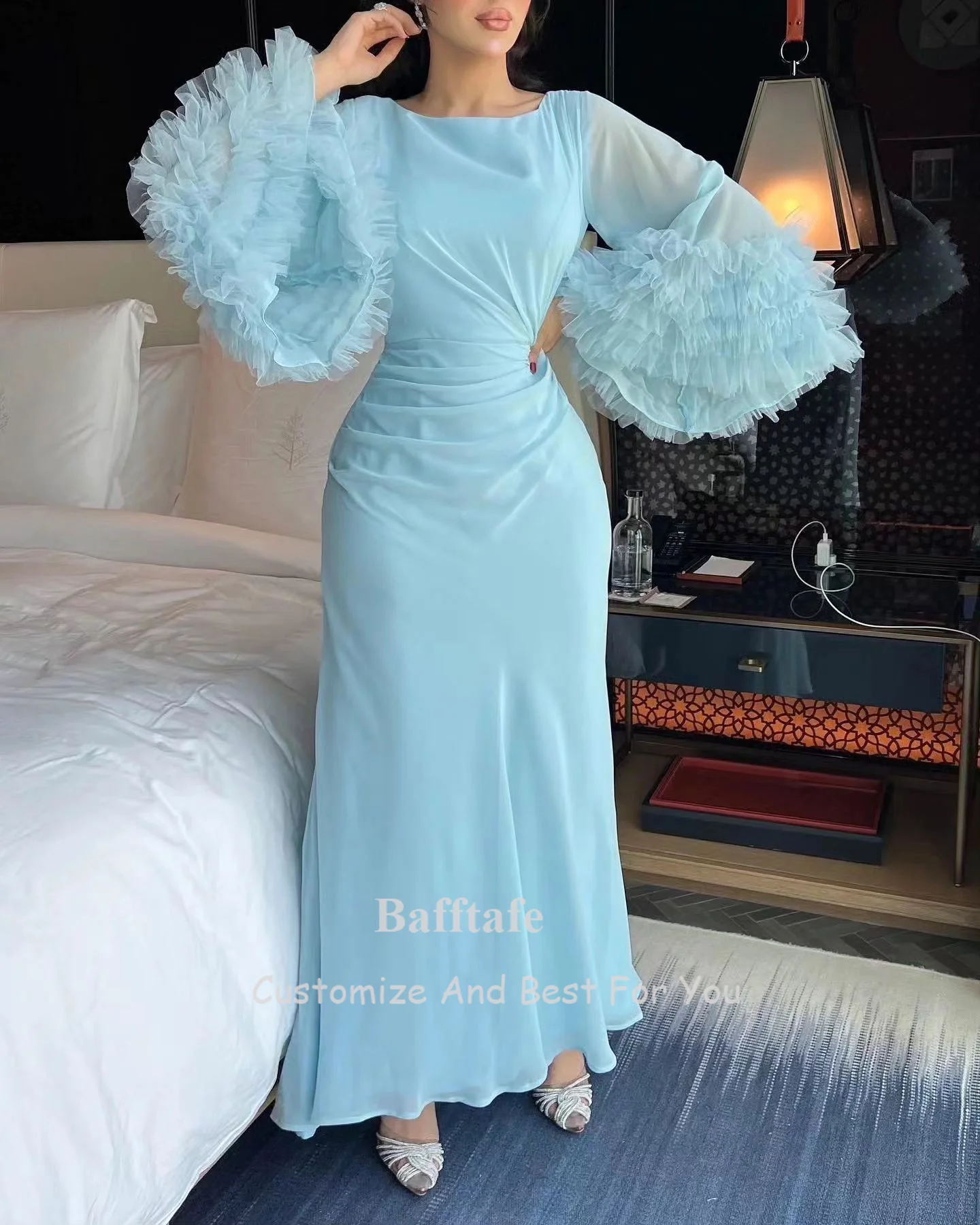 Tiered Puff Long Sleeves Prom Dresses Chiffon Arabia Customized Formal Midi Evening Gowns Women Special Party Night Club Gowns