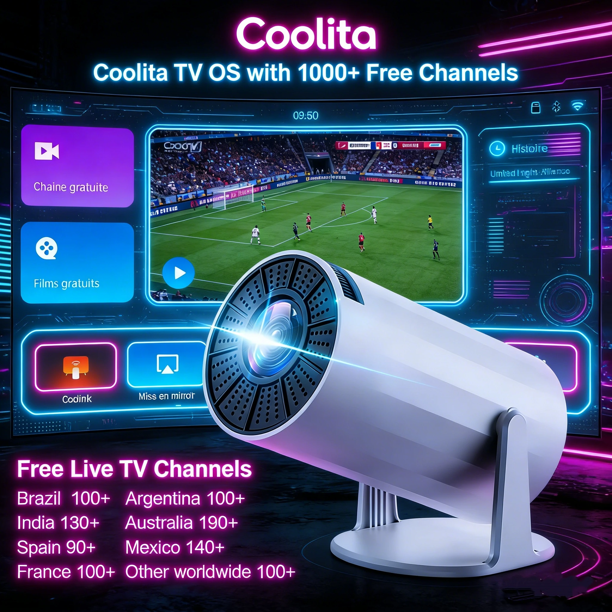 

Проектор Salange X8Mini Native 720P Android 4K с пожизненными бесплатными ТВ-каналами, WiFi6, BT5, Coolita OS, домашний кинотеатр