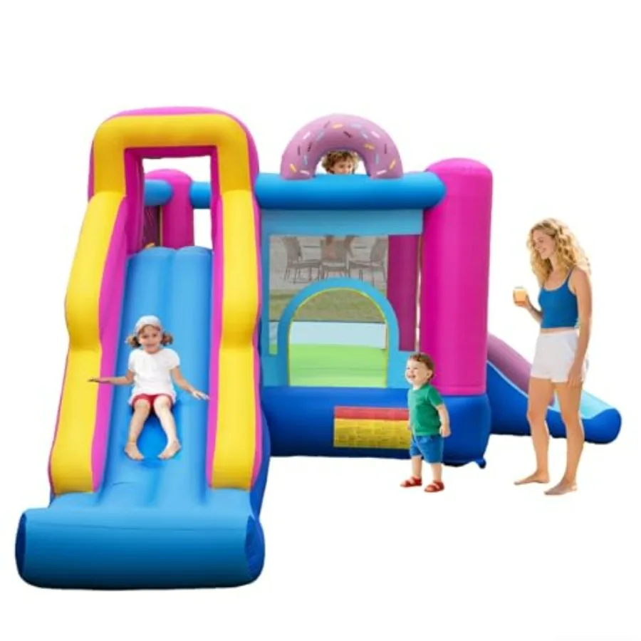 

Inflatable Bounce House Princess Bouncy House Jump Castle for Indoor Outdoor with 2 Slides Basketball Rim Pink Bounce House wit