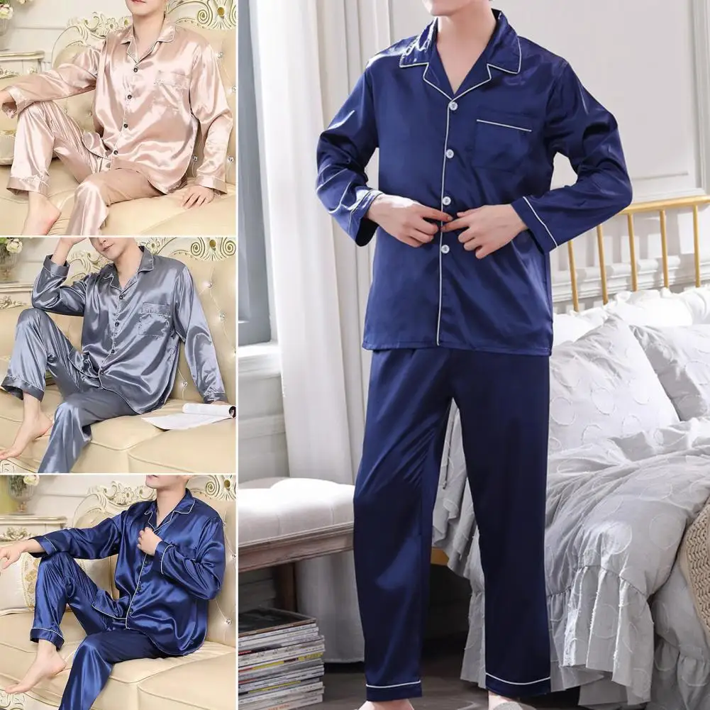 2 Pcs/Set Men Pajamas Set Satin Lapel Long Sleeve Single-breasted Patch Pocket Elastic Waist Leg Men Homewear Shirt Pants Set