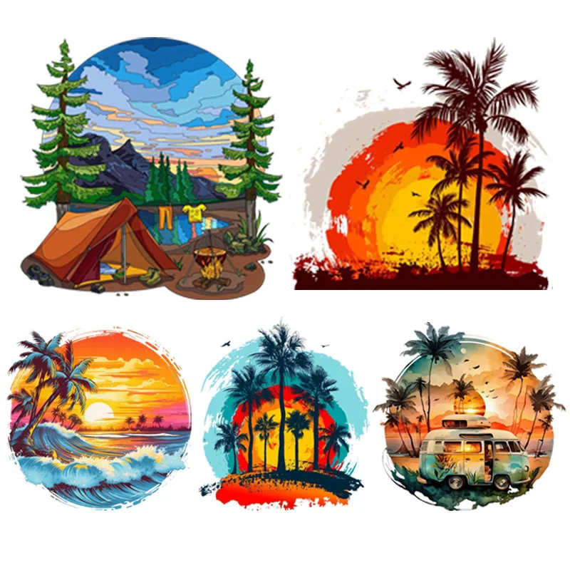 Outdoor Camping Sunrise and Sunset Scenery DTF Sticker Heat Transfer Clothing Sticker Ironing DIY T-Shirt Washable Vinyl Patch