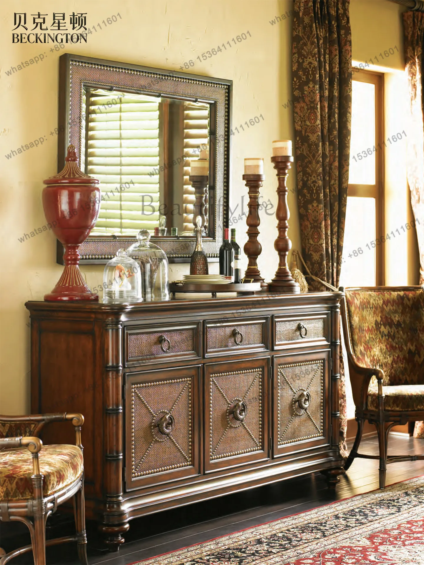 LD American retro solid wood rattan chest cabinet Nanyang bamboo joint multi-drawer storage side cabinet