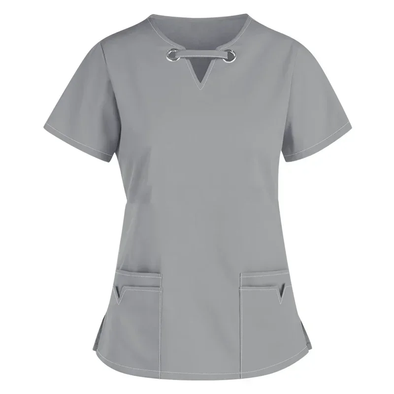 Solid Scrub Tops Healthcare Tunic Women Short Sleeves Hospitality Maid Nurses Uniform Cares Therapist Dentist Workwear Female