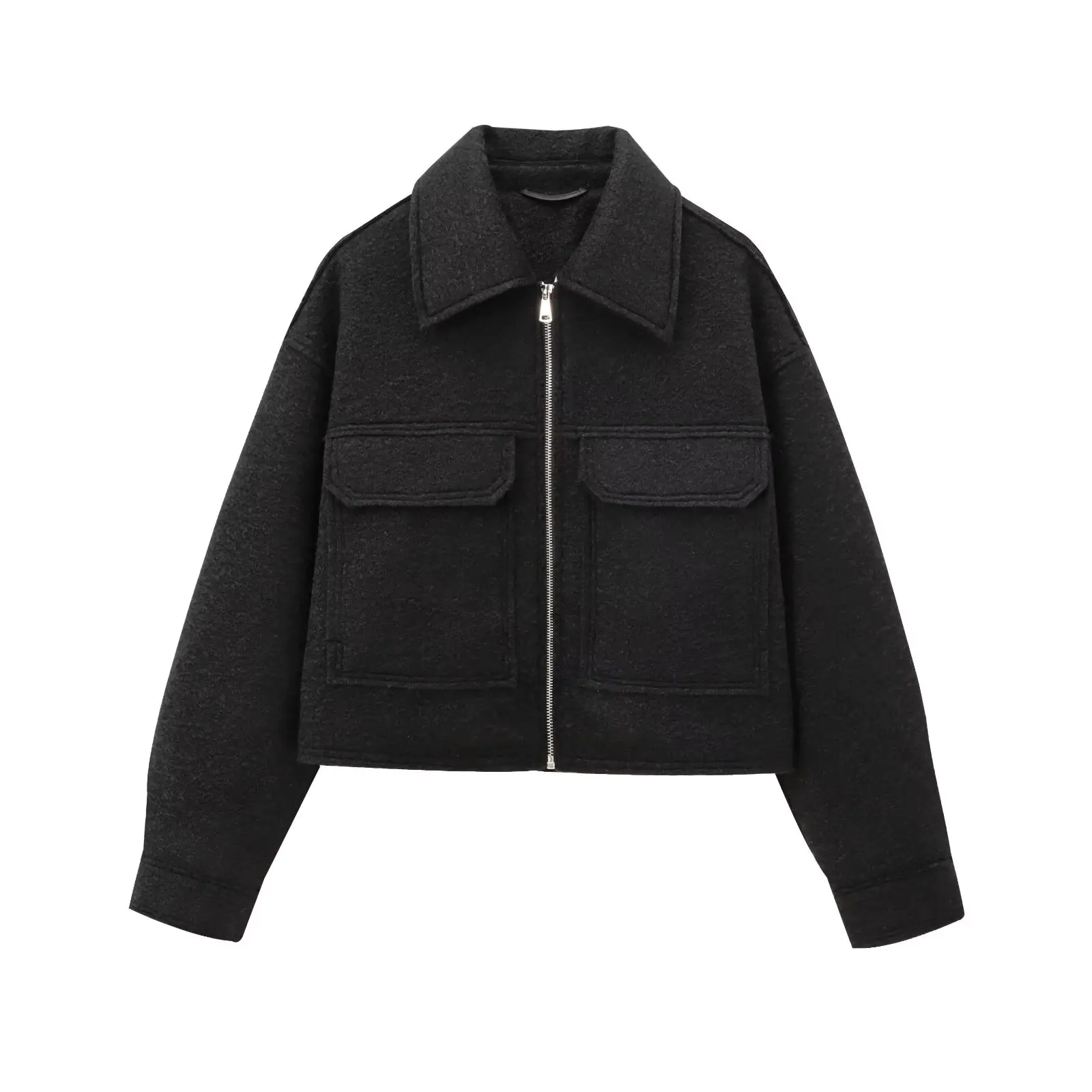 BSAY fashion collar pearl leather long sleeved women's clothing autumn new item 2025 short jacket  coarse spinning