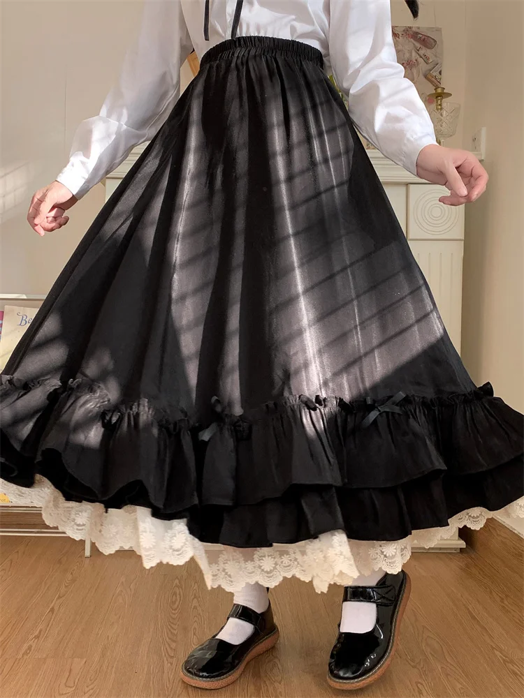 2022 New Japanese Solid Color Double Layer Vintage French Ruffled A-line Skirt Hepburn Style Black Half Skirt Female Long Skirts