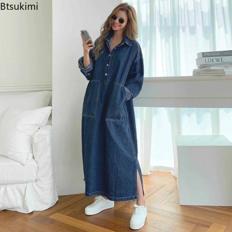 New 2026 Women Denim Dress Turn-down Collar A Line Vestidos Y2k Streetwear Casual Loose Spring Autumn Women's Jeans Maxi Dresses - view 5