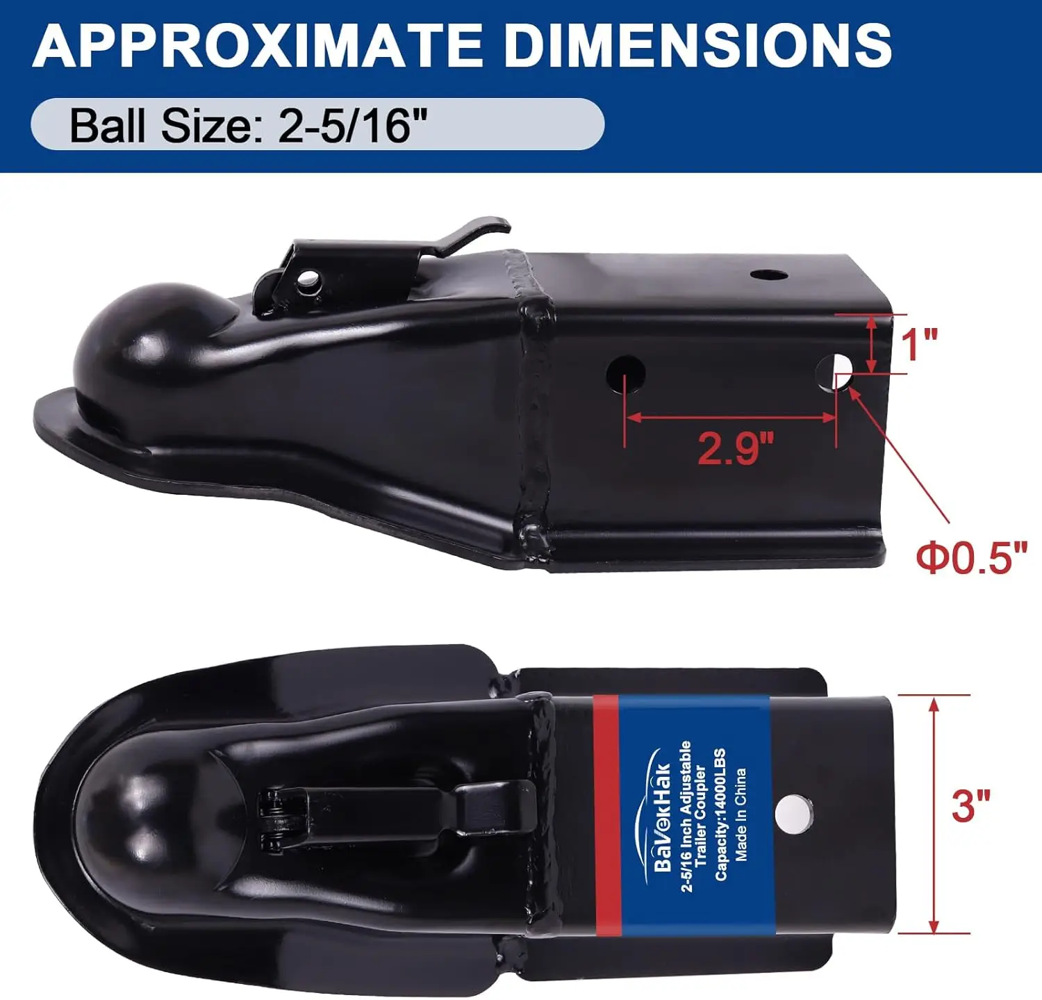 وصلة مقطورة مستقيمة 3 بوصات قناة 2-5/16 بوصة مع وصلة لسان مقطورة بوزن 14000 رطل، باللون الأسود