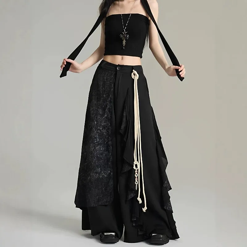 Hepburn Style Irregular Splicing Double-layer Wide Leg Skirt Pants Women  Chinese Style Straight-leg Pants Casual Pants