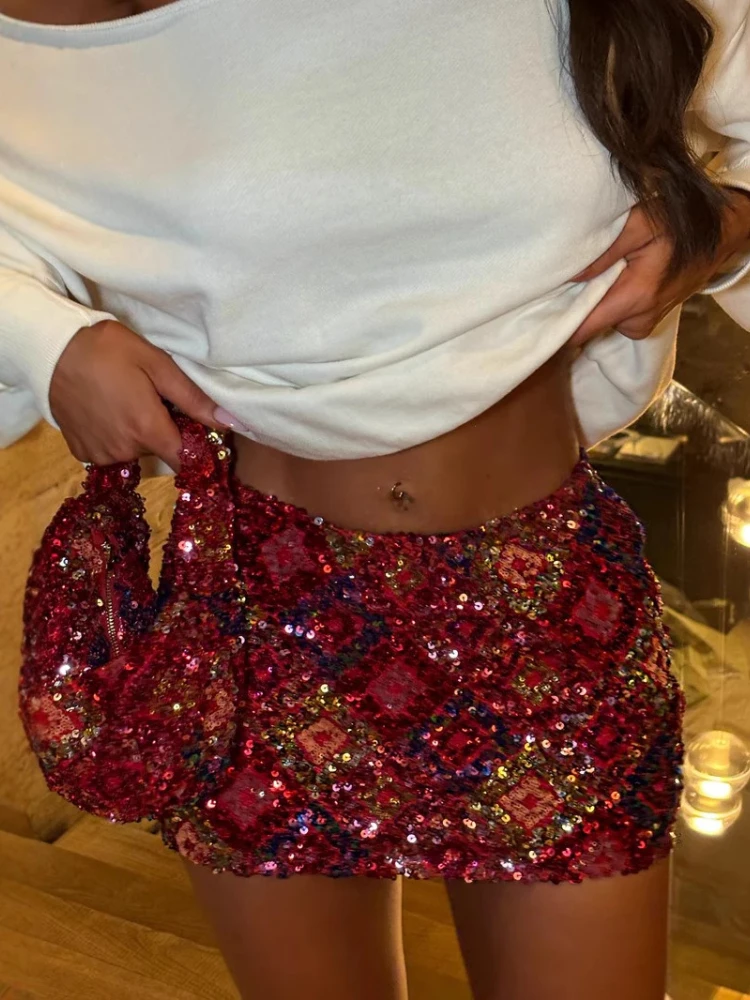 Spring and Summer Women's Fashion Geometric Splicing Sequin Bead Spicy Girl Short Bag Hip Skirt Club Party Street One Step Skirt