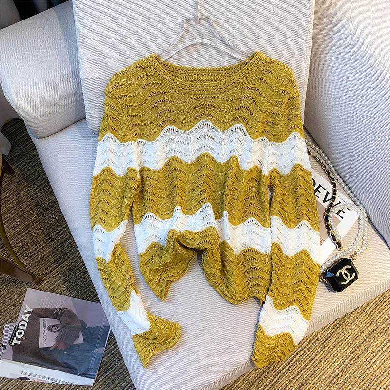 

2022 Autumn New Ins Loose Hollow Out Short Sweaters Women Loose Wave Stripe Chic Knitted Tops Korean Style Brown Jumpers