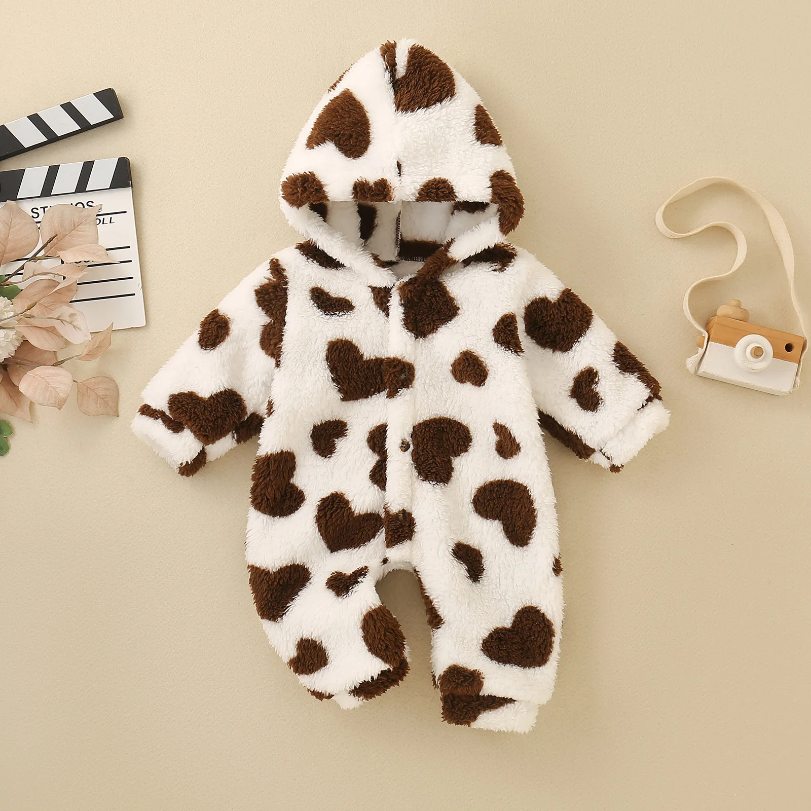Baby Clothing Products - 신생아 갈색 하트 프린트 플리스 후드