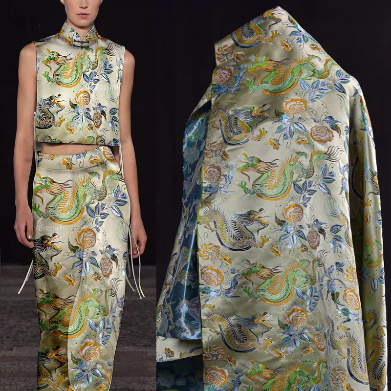 

Vintage Flower and Dragon Pattern Colorful Jacquard Chinese Embroidery Vest Horse Face Skirt Outerwear Clothing Fabric