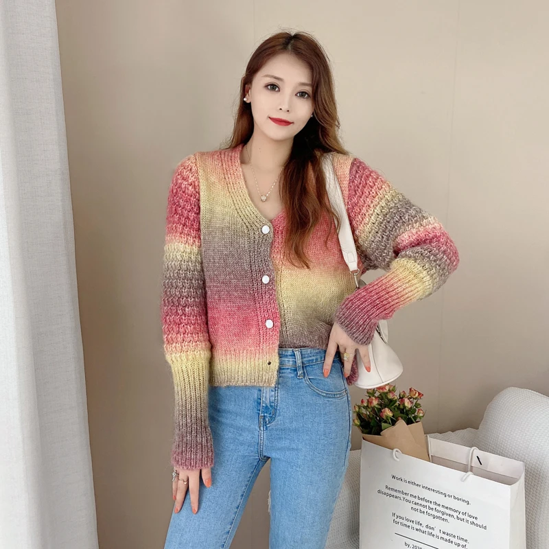 Zoki Elegant Women Rainbow Cardigan Japan Casual Long Sleeve Gradient Knitted Coats Sweet Casual Design Female Fashion Sweaters