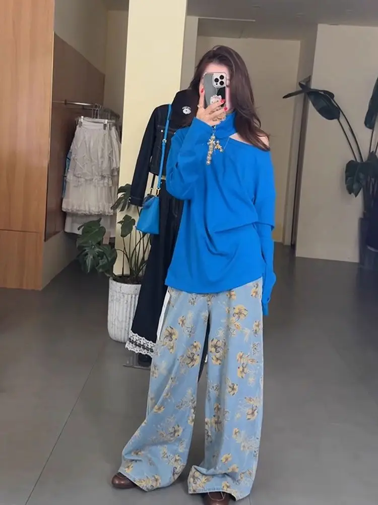 Femmes Vintage fleur imprimé bleu Denim jean fille pantalon bas décontracté été femme taille haute jambe large Denim pantalon