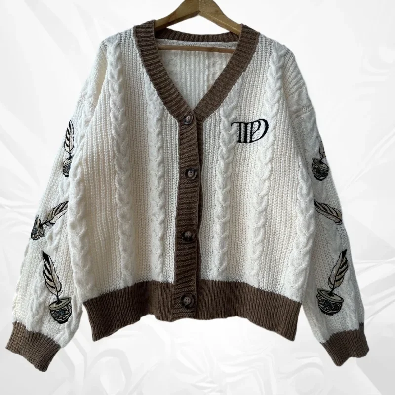 2024 Autumn Sweaters Women High Quality Loose Fitting Embroidered Knitted Cardigan Winter Y2k Regulai Fit Beige Cardigans Female