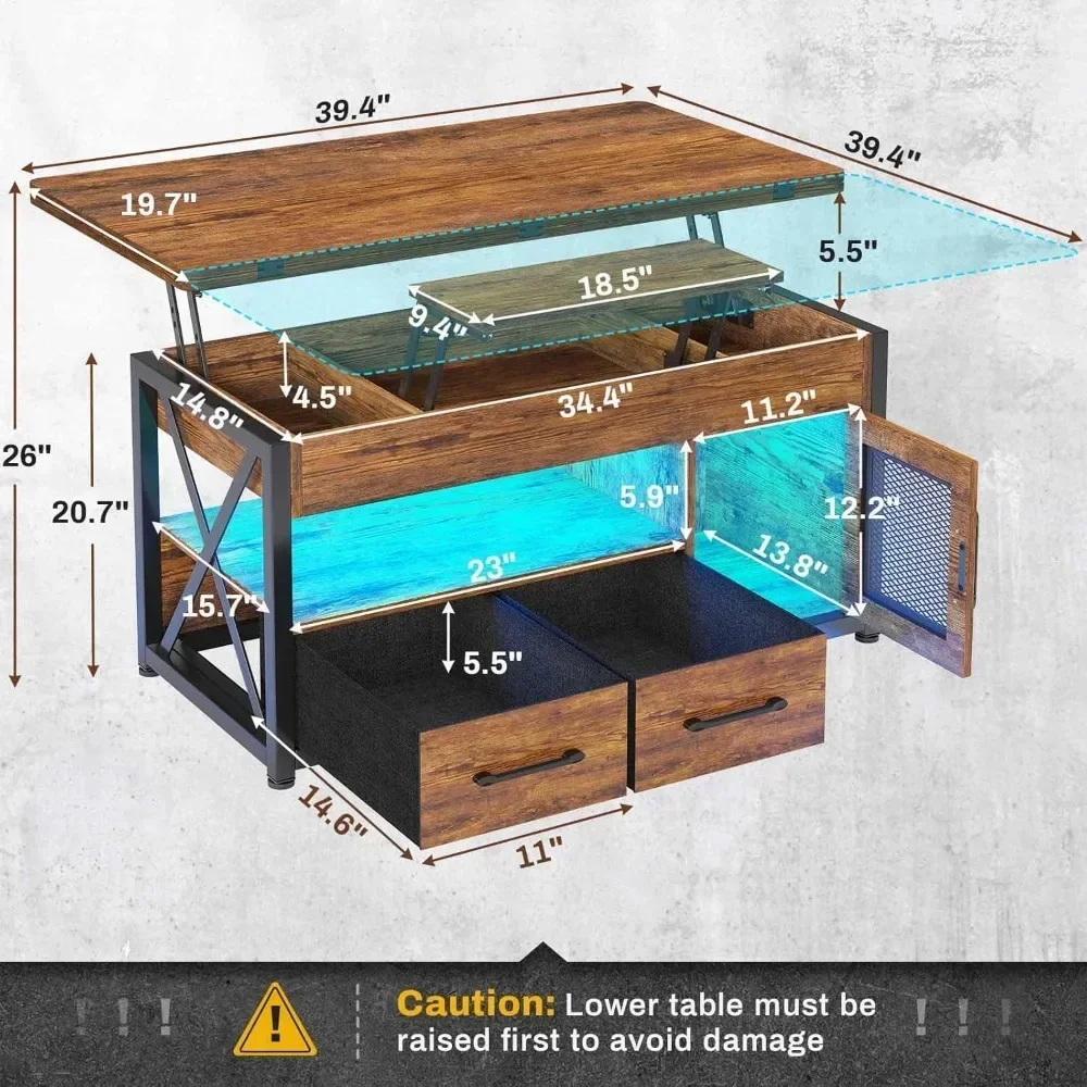 Mesa de centro elevable de 40 ", mesas de centro 4 en 1 con gabinete de almacenamiento, mesa de centro pequeña de granja con 2 cajones de tela y luz LED