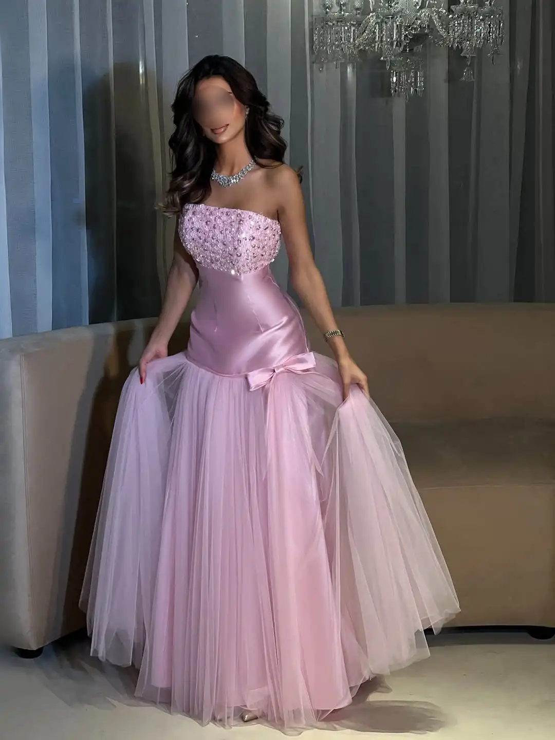 

New Design Strapless Beading Sequins Bow Tiered Tulle Sexy Sweet Pink Slim Mermaid Prom Formal Party Dress