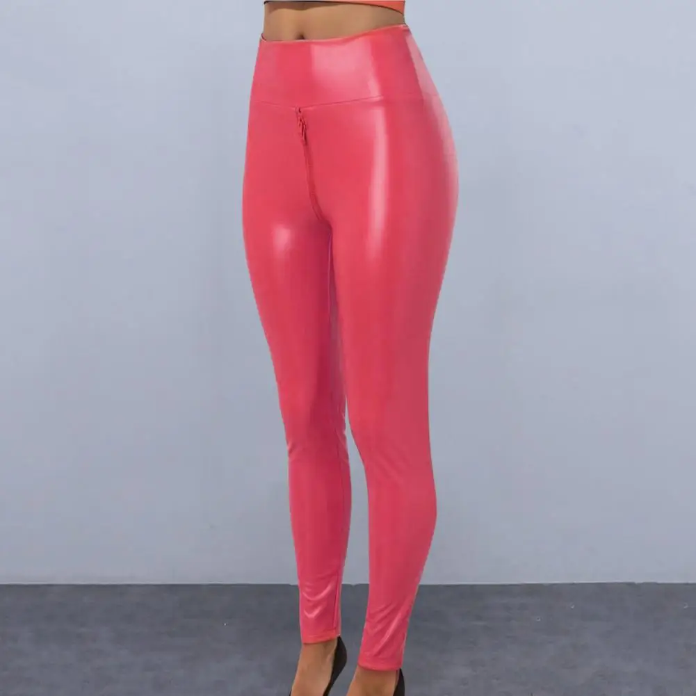 Women Tight Trousers Zipper Open Crotch Pants Exotic Bodycon Faux Leather Pants with Open Crotch Zipper for Sexy for Nightclub