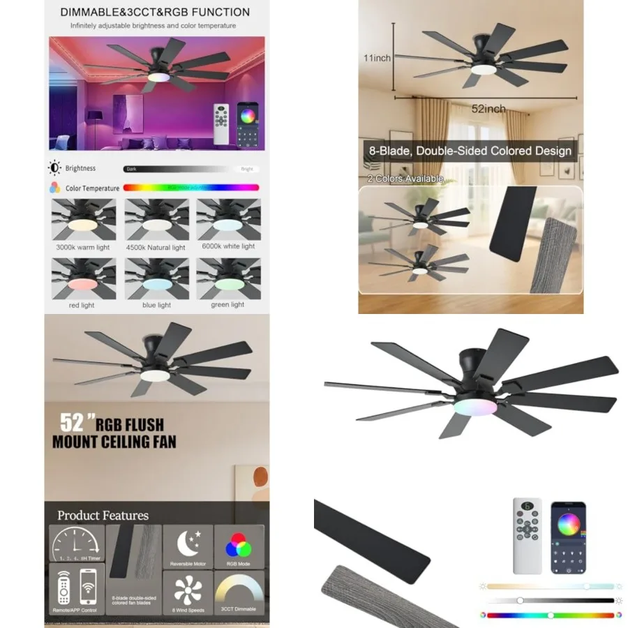 

52 inch Ceiling Fan with Light, 6 Speeds Reversible Low Profile Ceiling Fan with Light and Remote/APP Control, 3 Color Temp+Dim