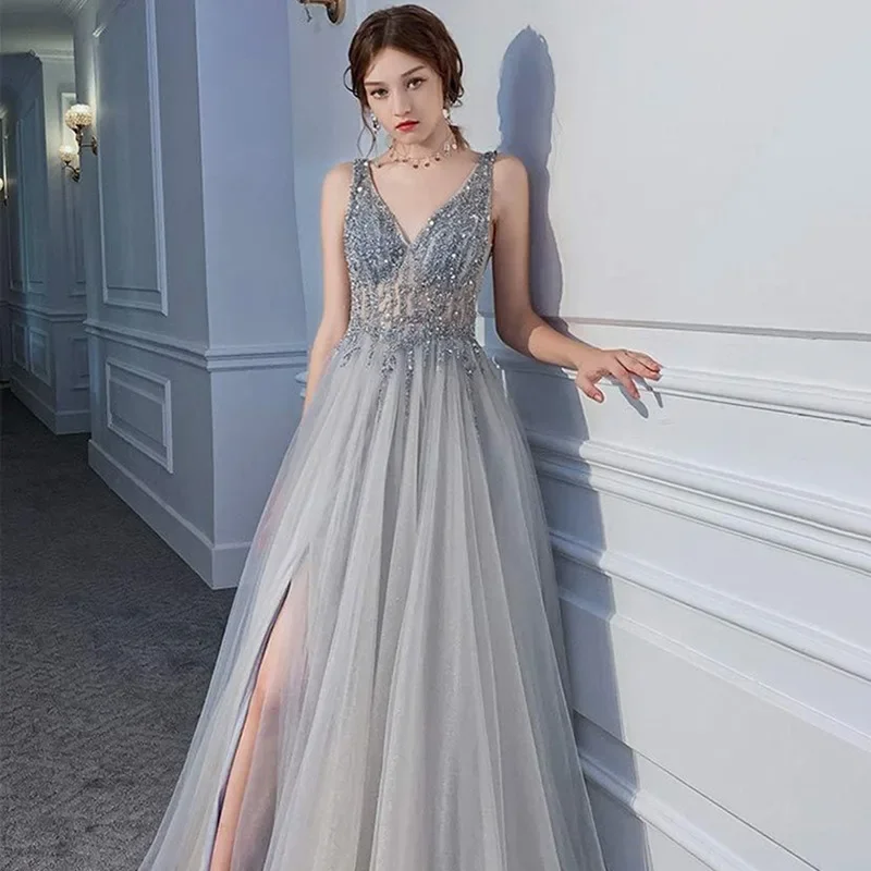 

2025 New Women's High Quality Luxury Birthday Party V-neck Sexy Evening Dress with Bareback Sequins Banquet High End Long Dress