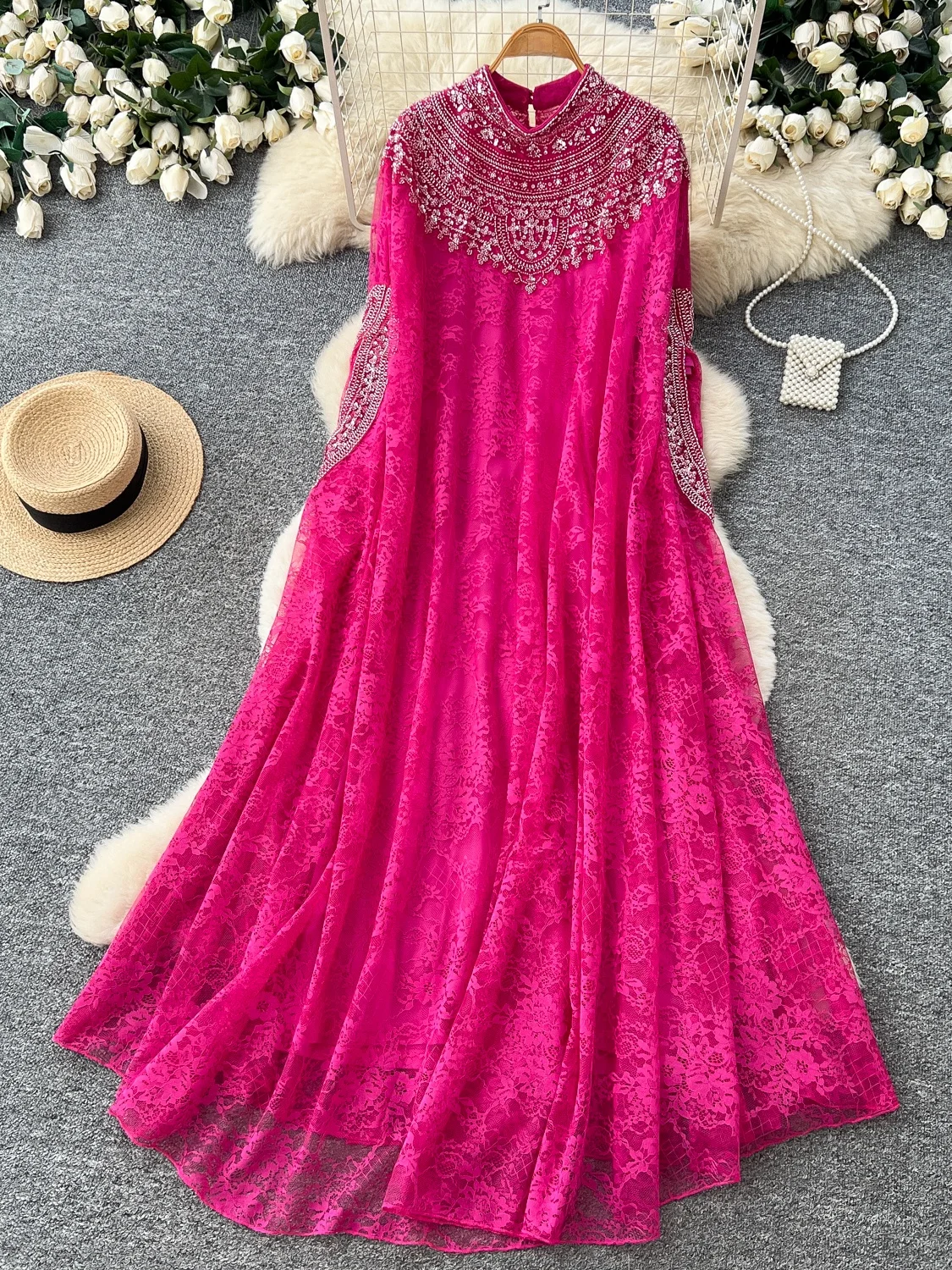 Elegant Lace Sequin Embroidery Heavy Work Women's Dress Cover up Skirt Fashionable Autumn Season Commute Style High Waist
