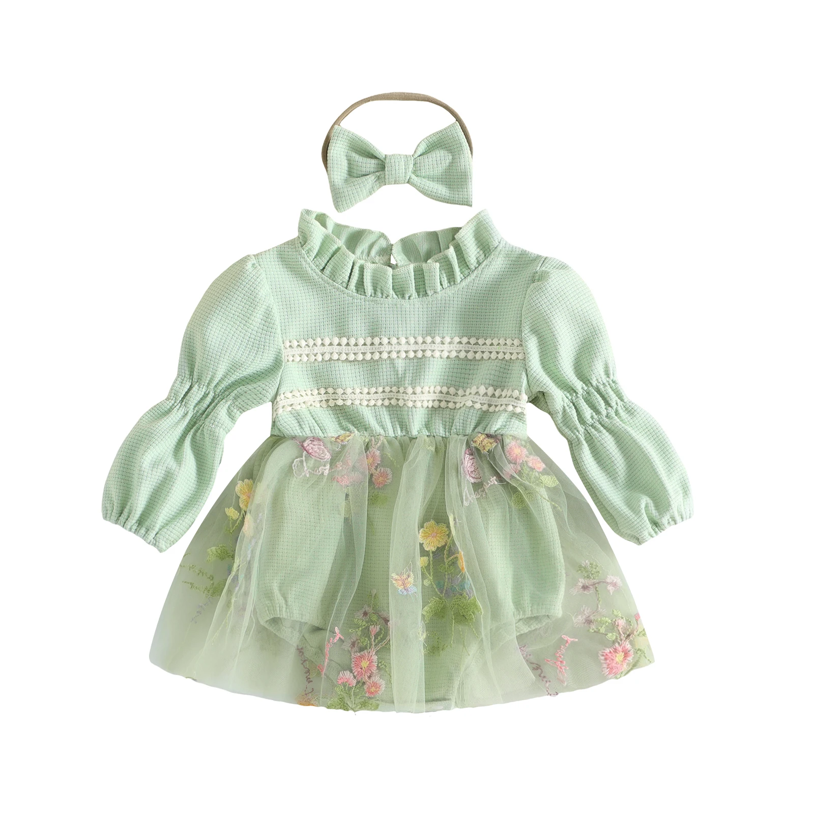 2027 Early Autumn Fashion Infant Baby Girl Outfit Long Puff Sleeve Romper Dress and Bow Headband Set