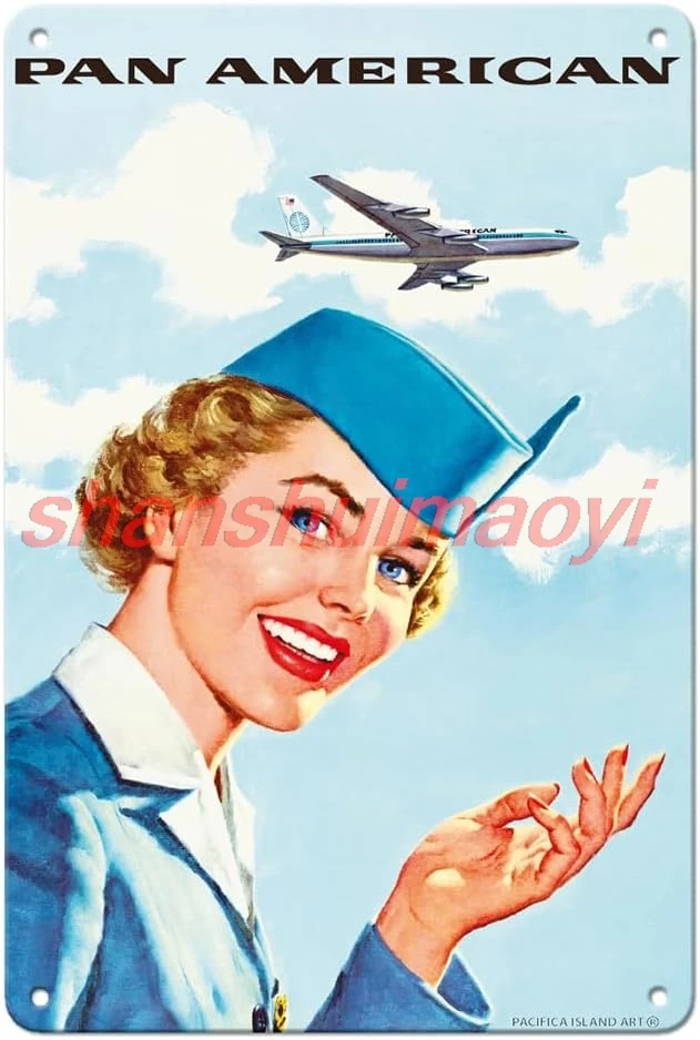 Pan American World Airways - Airline Stewardess - Vintage Airline Travel Poster c.1960s - 8 x 12 inch Vintage Metal Tin Sig SHAN