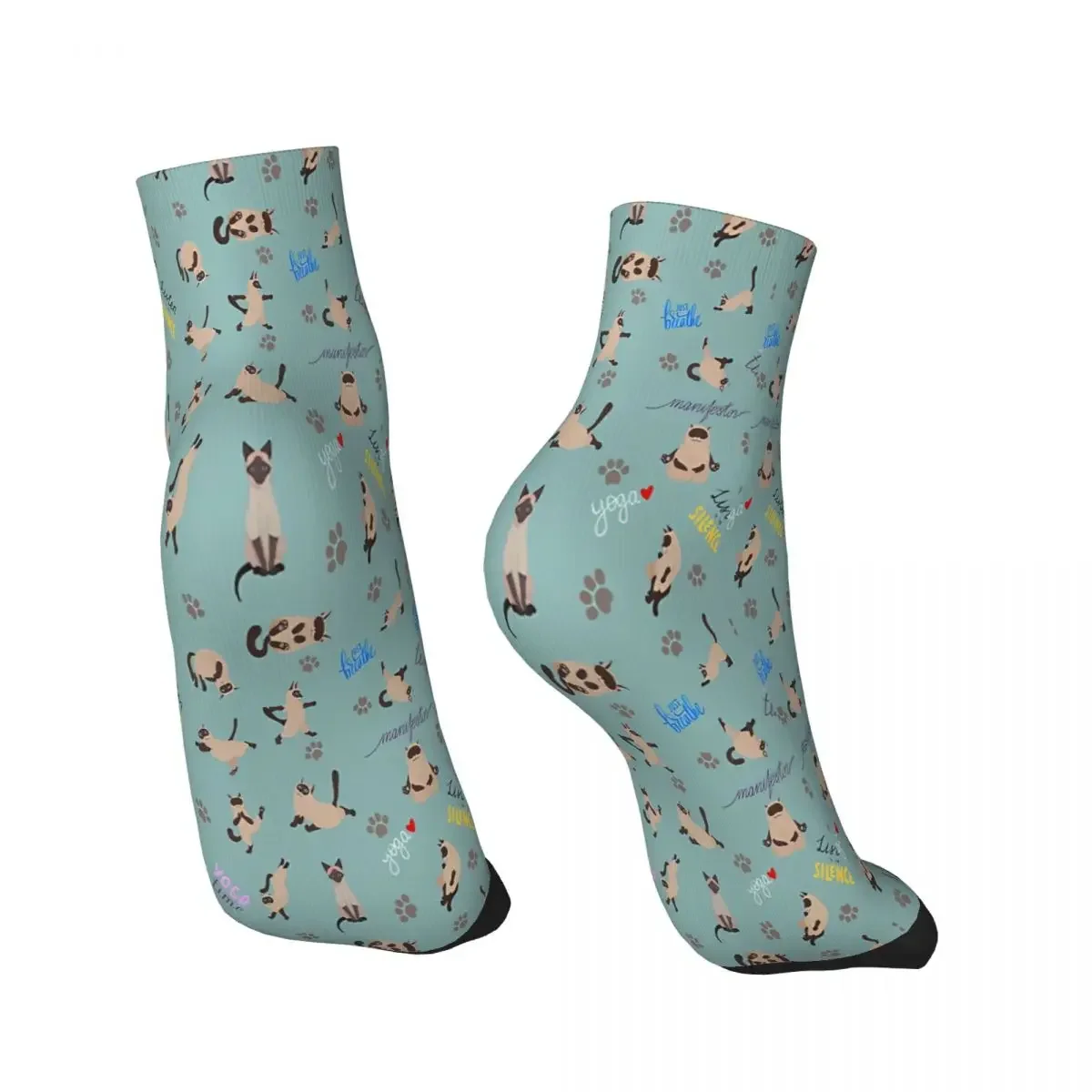 A Set Of Cute Siamese Cats Doing Poses Yoga Animal Ankle Socks Male Mens Women Spring Stockings Polyester