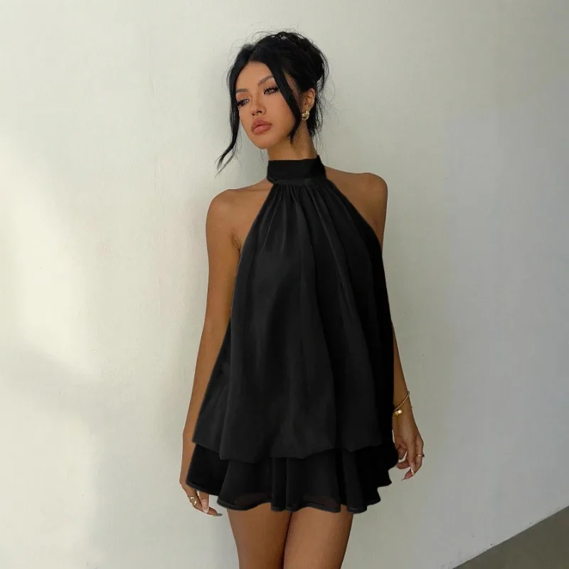 Women Halter Sleeveless Backless Double Layer Flowy Mini Dress