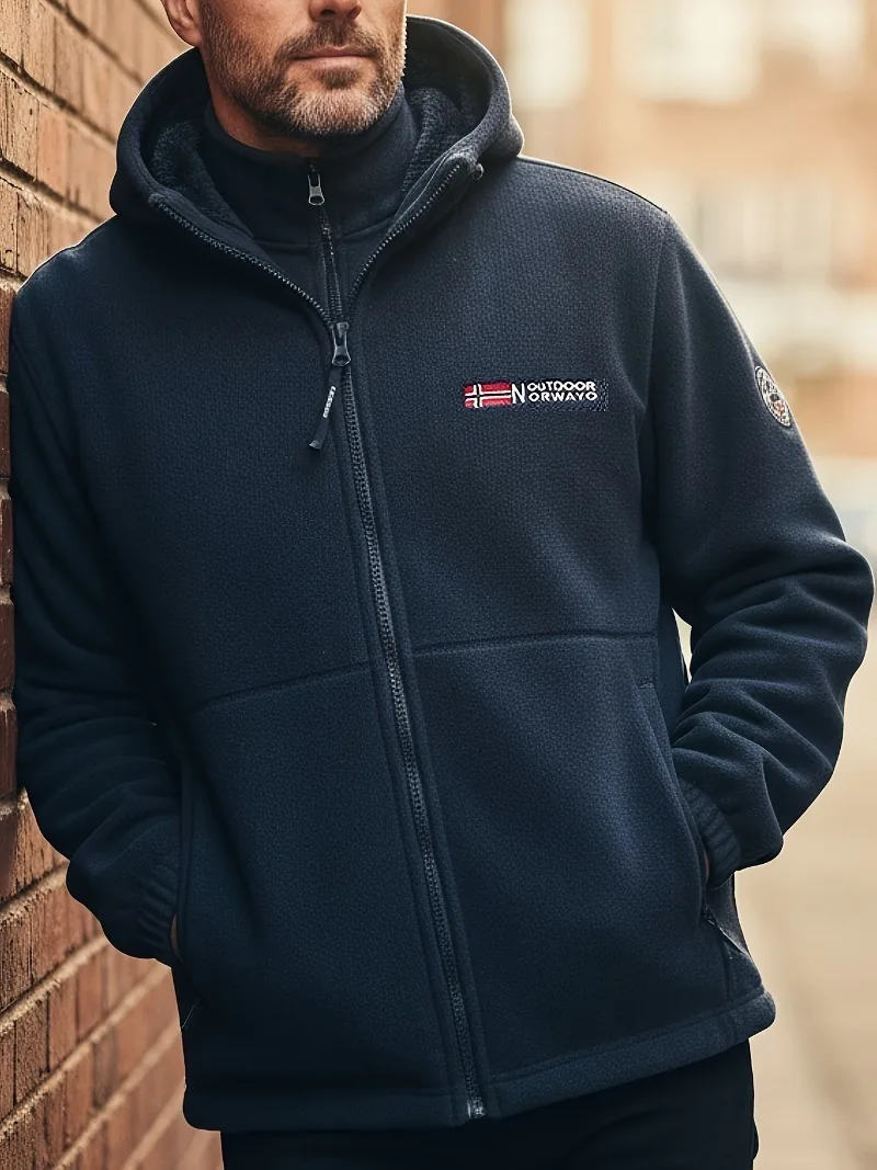 سترة رجالية معطف شتوي معزول حراريًا مع إغلاق بسحاب كامل، ملابس خارجية بغطاء للرأس مقاومة للرياح، قابلة للغسل في الغسالة والطقس البارد