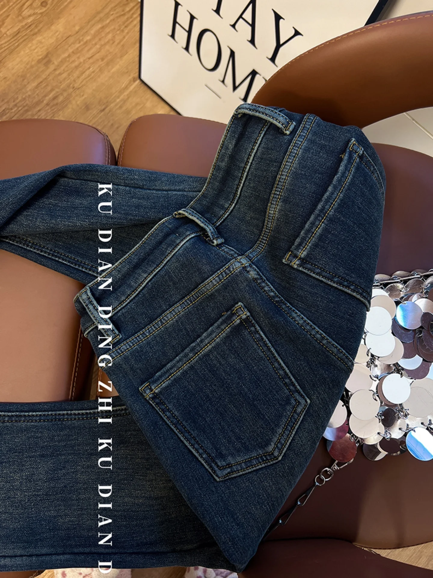 High Waist Fleece Lined Flared Jeans Long Leg Butt Enhancing Deep Blue Women's Retro Style Denim Pants Winter Collection