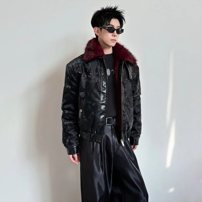 LUZHEN 2025 Winter Fashion High Quality Faux Fur Liner Stand Neck Leather Patchwork Design Parka Jacket Men's Casual Coat JY5795