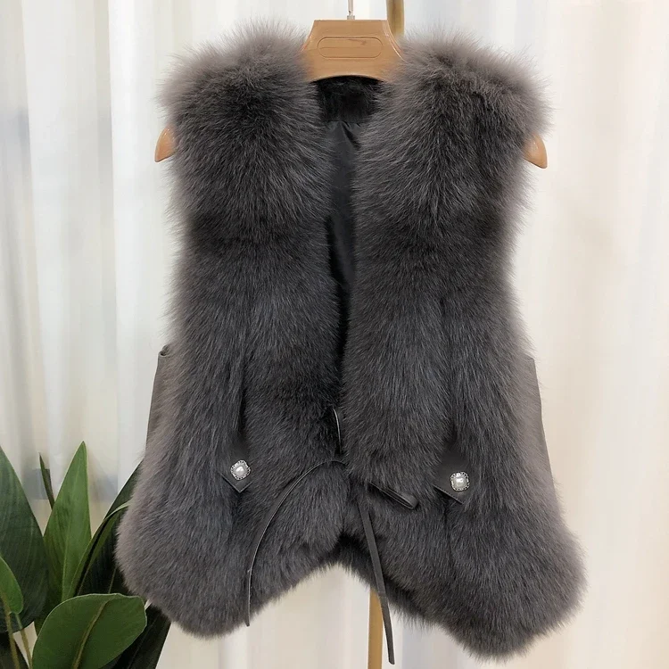 Natural Fox Fur Vest Sleeveless Outwear spring autumn Winter Thick Vest Fox Fur Jacket Fashion Fur Gilet Coat Sheepskin