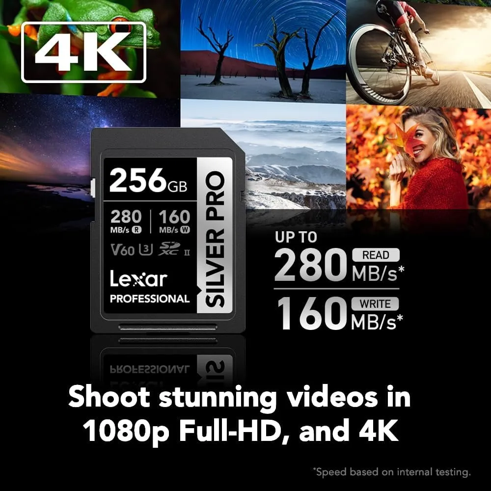 256GB Silver PRO SD Memory Card 280MB/s Read 4K V60 U3 UHS-II for Camera