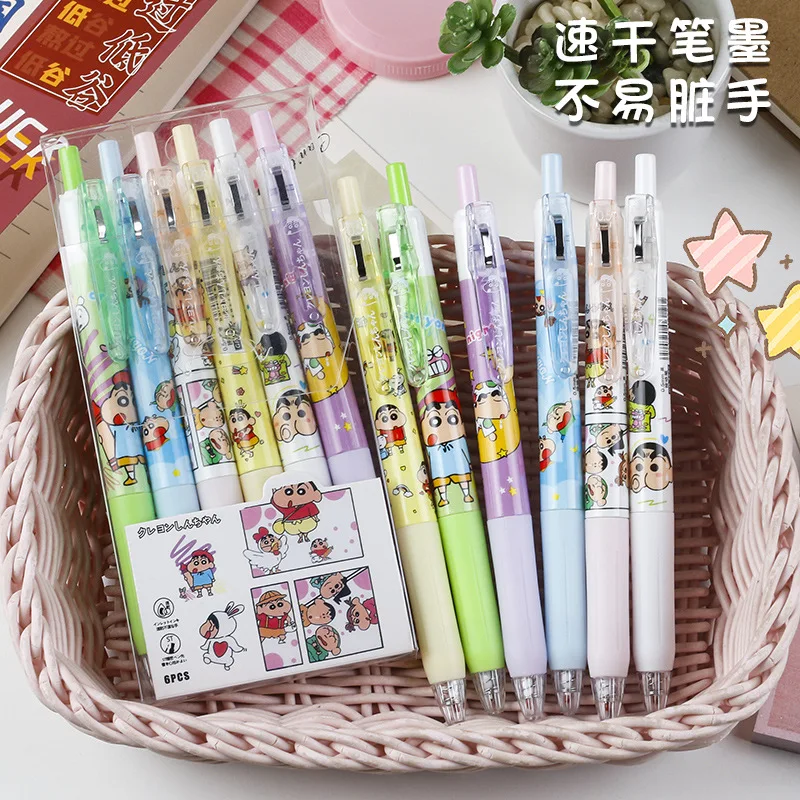 6 Pens/box Crayon Shin-Chan Black Gel Pen 0.5Mm Lack Ink Signature Pen Anime School Writing Supplies Stationery Children's Gifts